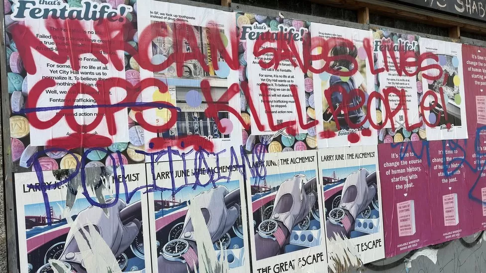 An anonymous group graffitied the posters
